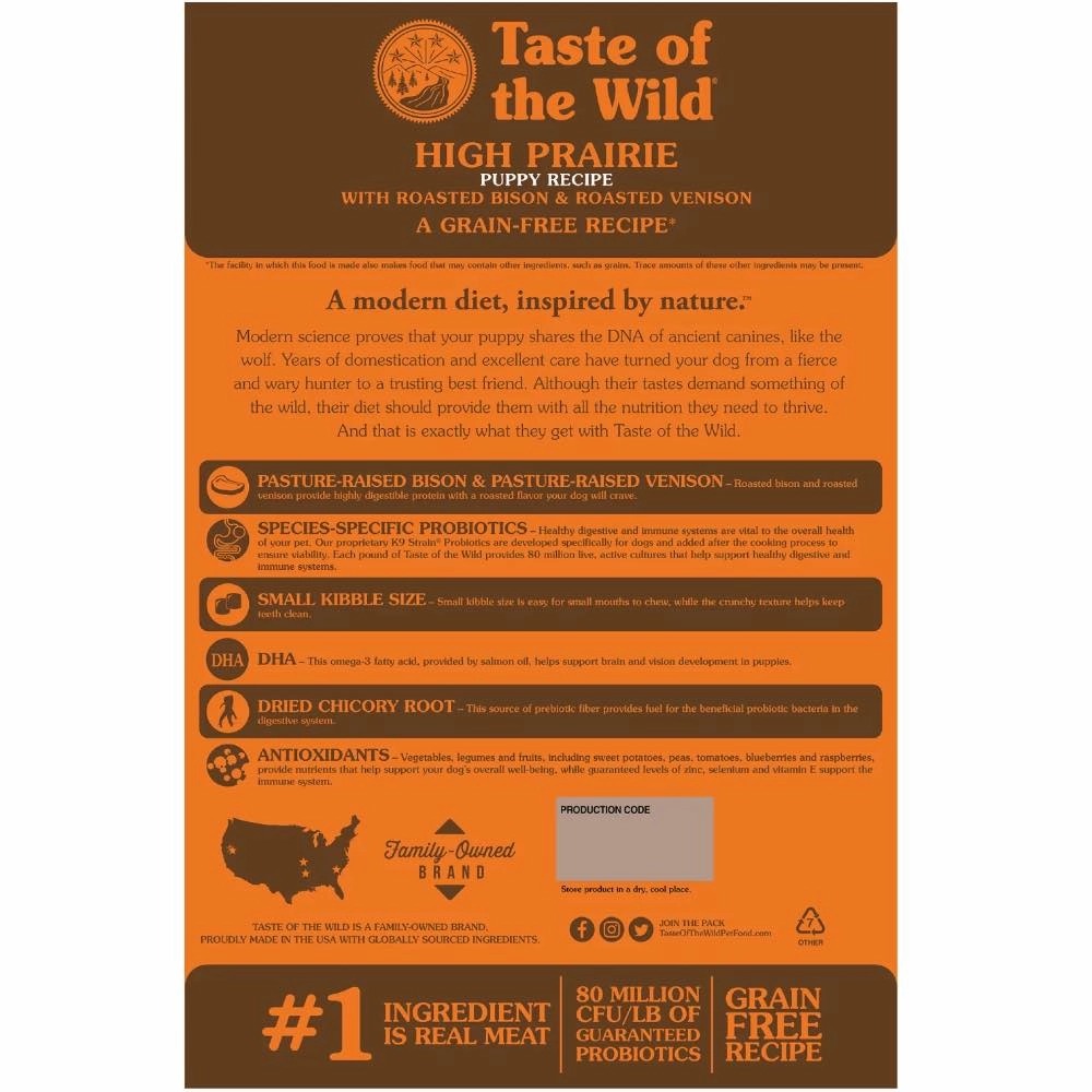 'BUNDLE DEAL/FREE TREAT': Taste Of The Wild High Prairie Puppy Bison & Venison Grain-Free Dry Dog Food
