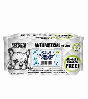 Absorb Plus Antibacterial Alcohol & Paraben Free Pet Wipes (Baby Powder, 80pcs) odor remover,dog cleaning