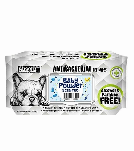 Absorb Plus Antibacterial Alcohol & Paraben Free Pet Wipes (Baby Powder, 80pcs) odor remover,dog cleaning