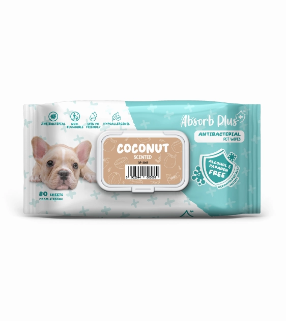 Absorb Plus Antibacterial Alcohol & Paraben Free Pet Wipes (Coconut, 80pcs) odor remover,dog cleaning