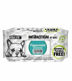 Absorb Plus Antibacterial Alcohol & Paraben Free Pet Wipes (Peppermint, 80pcs) odor remover,dog cleaning