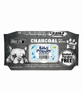 Absorb Plus Charcoal Alcohol & Paraben Free Pet Wipes (Baby Powder, 80pcs) odor remover,dog cleaning