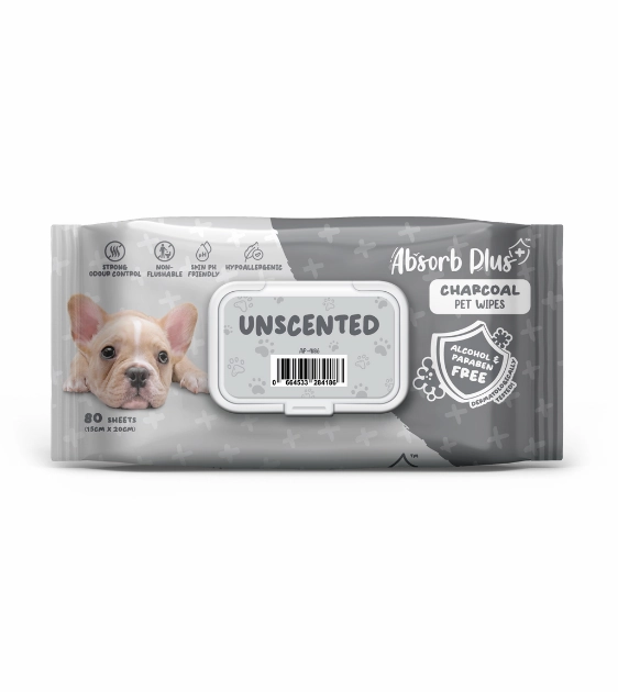 Absorb Plus Charcoal Alcohol & Paraben Free Pet Wipes (Unscented, 80pcs) odor remover,dog cleaning