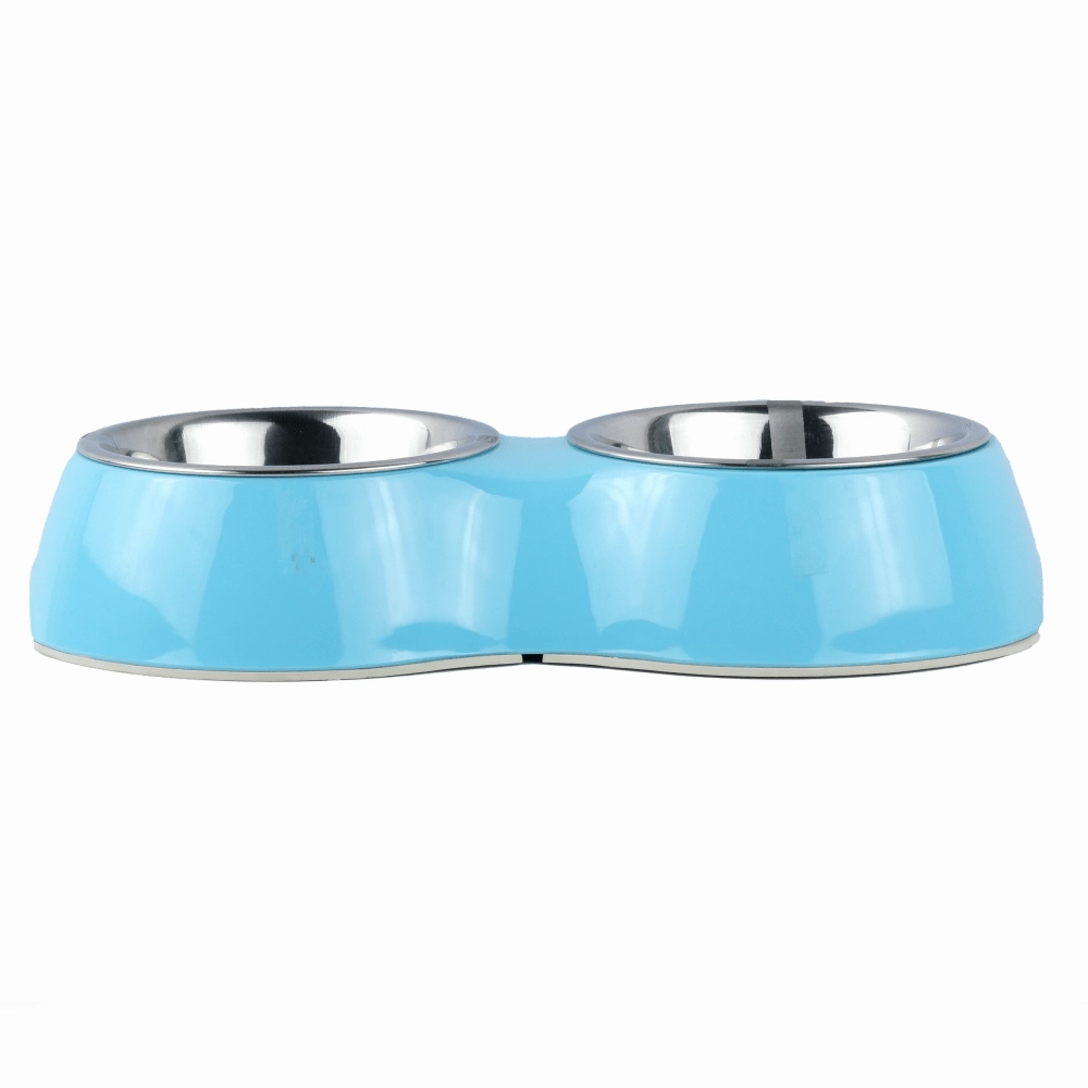 Basil Double Melamine Bowl Dinner Set for Dogs and Cats (Blue)