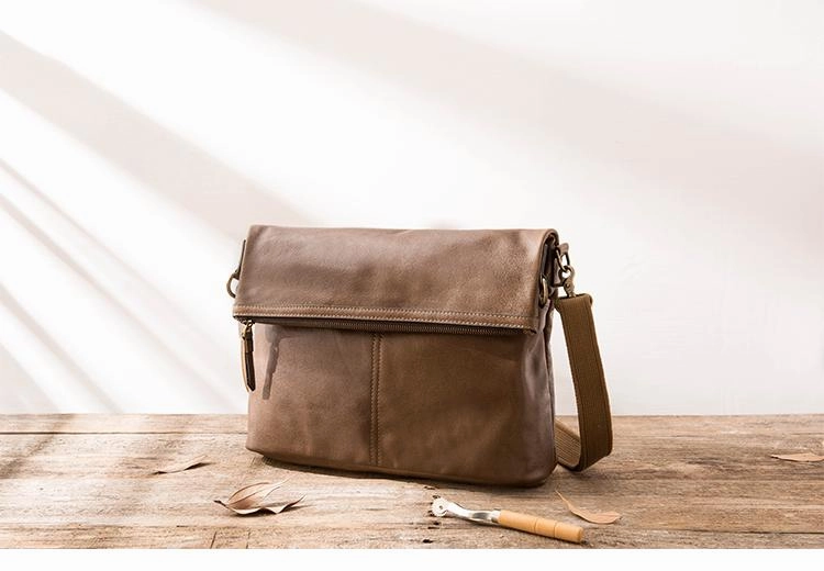 Brown Cool Leather Mens 11 inches Side Bags Messenger Bags Khaki Leather Courier Bag for Men