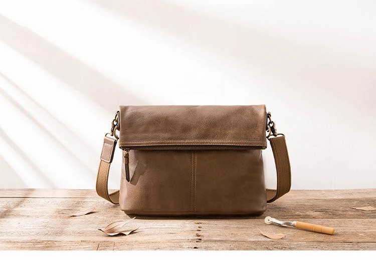Brown Cool Leather Mens 11 inches Side Bags Messenger Bags Khaki Leather Courier Bag for Men