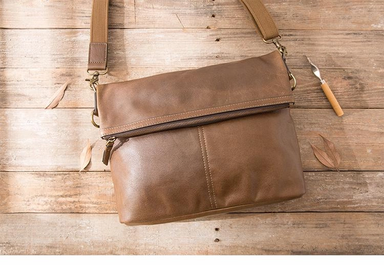 Brown Cool Leather Mens 11 inches Side Bags Messenger Bags Khaki Leather Courier Bag for Men