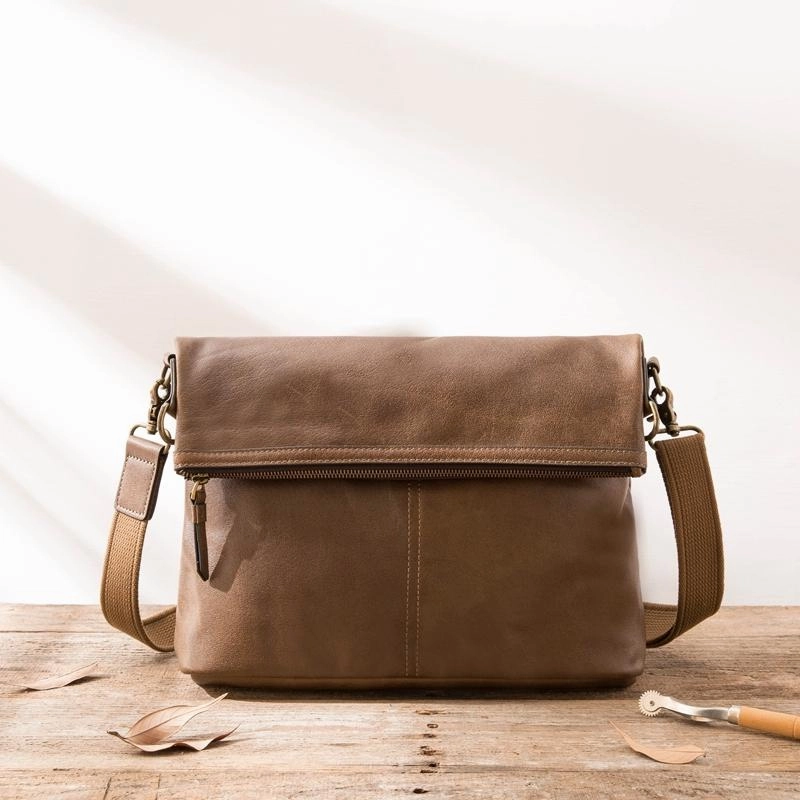 Brown Cool Leather Mens 11 inches Side Bags Messenger Bags Khaki Leather Courier Bag for Men