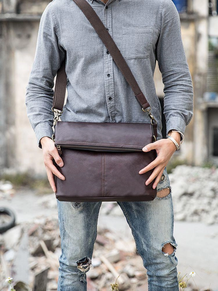 Brown Cool Leather Mens 11 inches Side Bags Messenger Bags Khaki Leather Courier Bag for Men