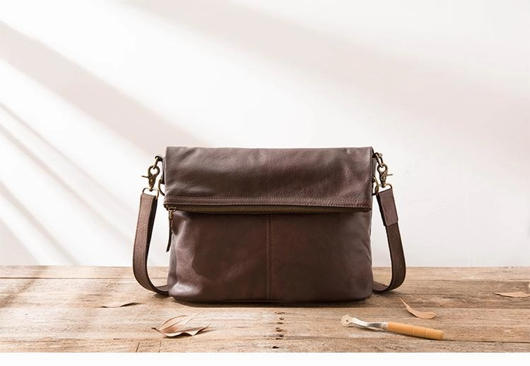 Brown Cool Leather Mens 11 inches Side Bags Messenger Bags Khaki Leather Courier Bag for Men