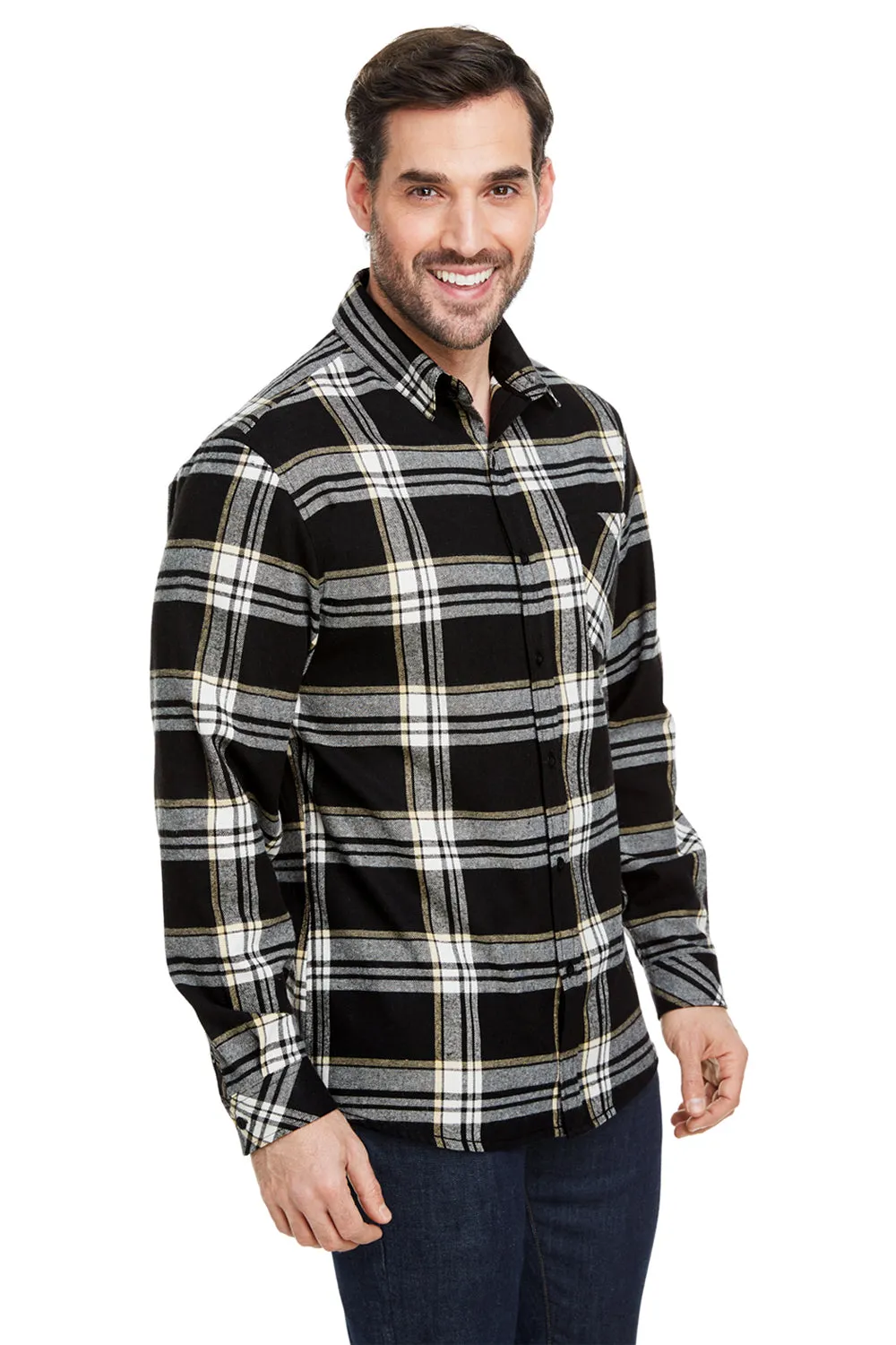 Burnside Mens Flannel Long Sleeve Button Down Shirt w/ Pocket - Black/Ecru