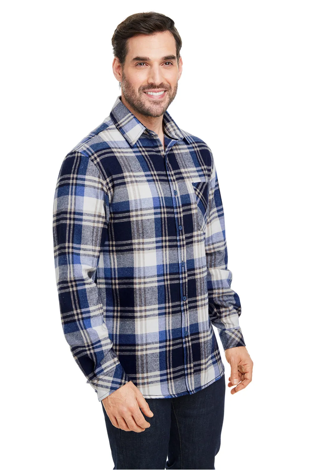 Burnside Mens Flannel Long Sleeve Button Down Shirt w/ Pocket - Blue/Ecru