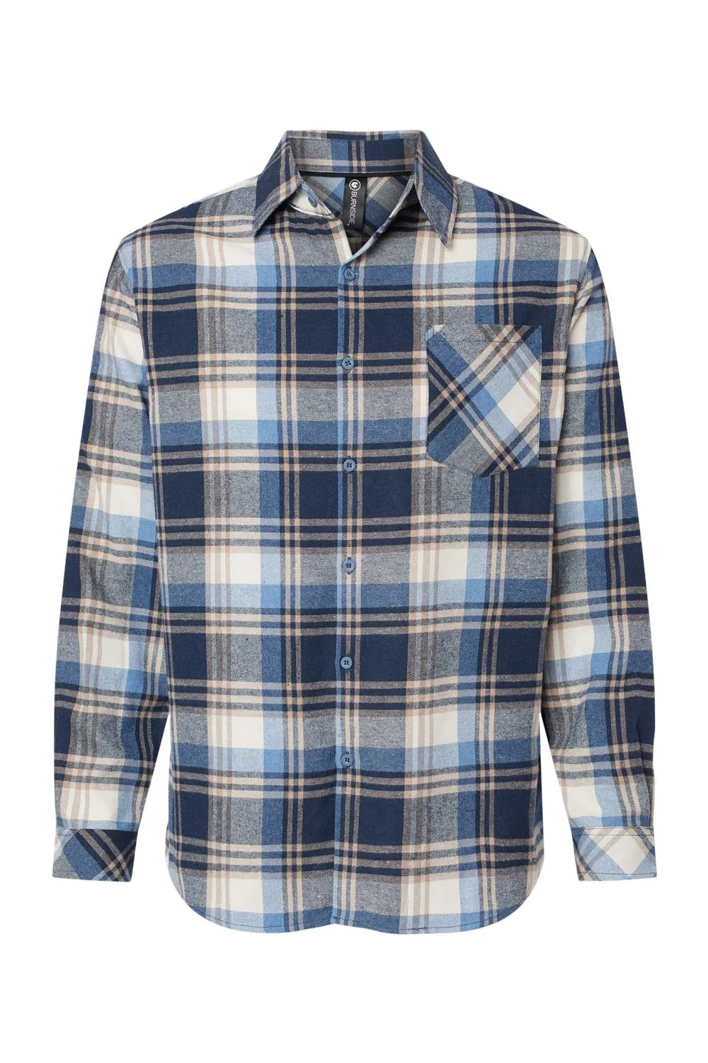 Burnside Mens Flannel Long Sleeve Button Down Shirt w/ Pocket - Blue/Ecru