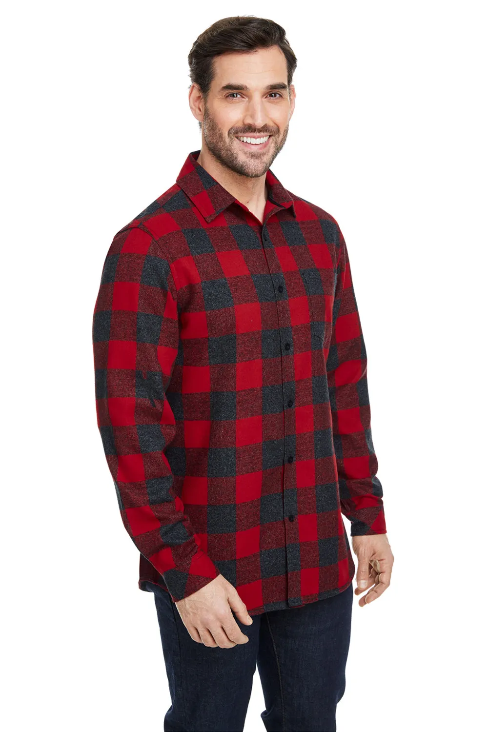 Burnside Mens Flannel Long Sleeve Button Down Shirt w/ Pocket - Red/Heather Black