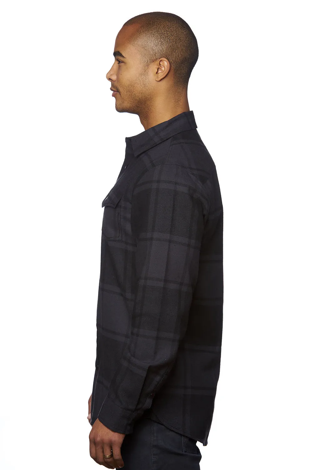 Burnside Mens Plaid Flannel Long Sleeve Snap Down Shirt w/ Double Pockets - Black