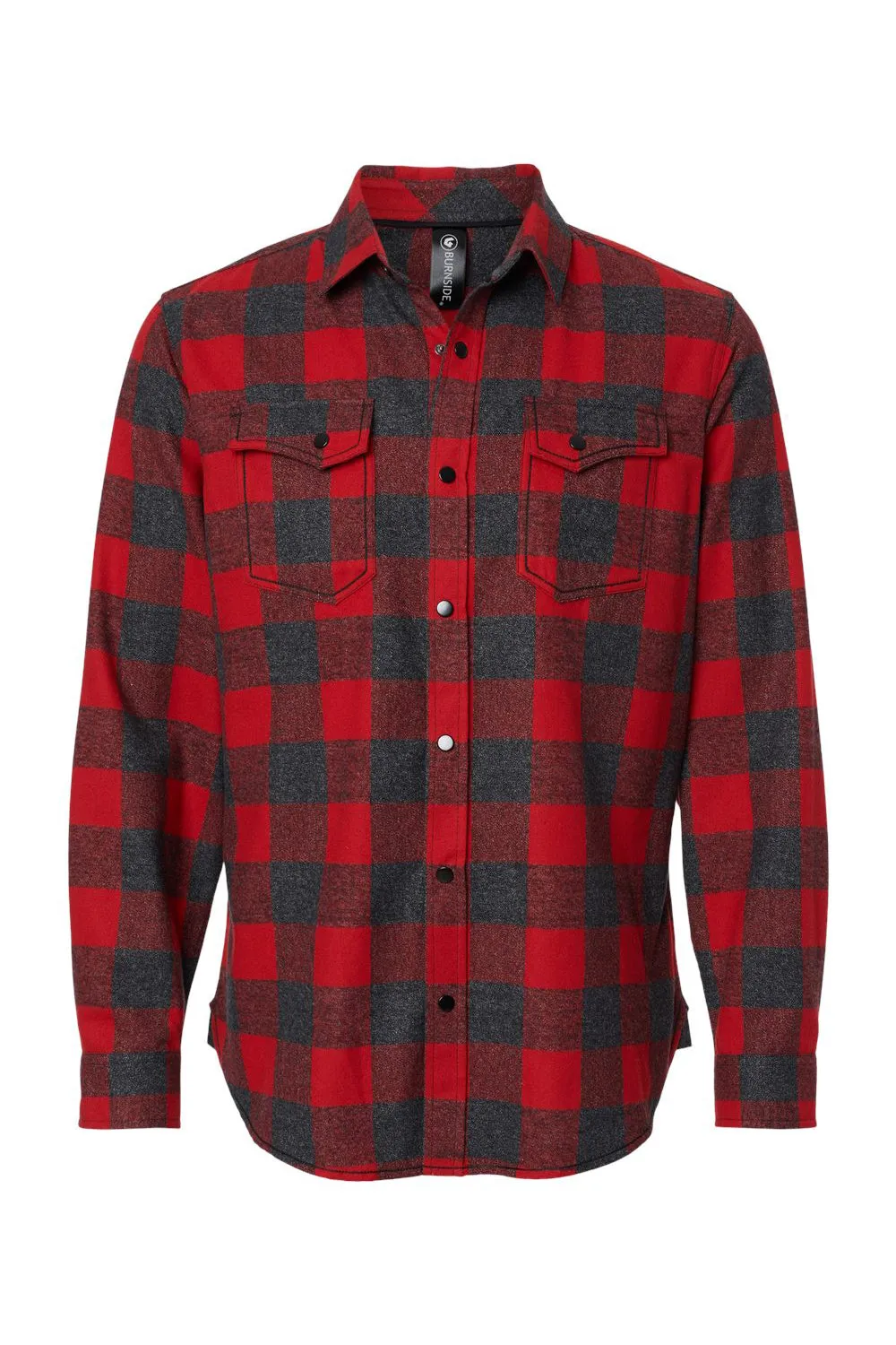 Burnside Mens Plaid Flannel Long Sleeve Snap Down Shirt w/ Double Pockets - Red/Heather Black