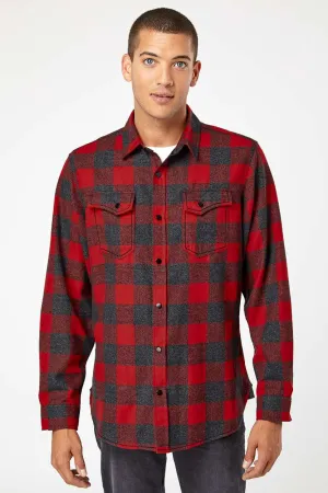 Burnside Mens Plaid Flannel Long Sleeve Snap Down Shirt w/ Double Pockets - Red/Heather Black