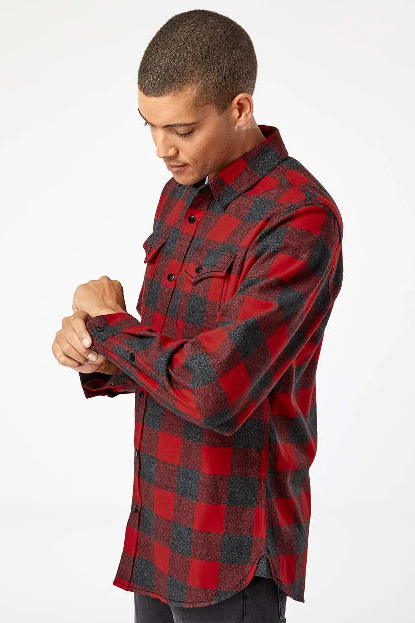 Burnside Mens Plaid Flannel Long Sleeve Snap Down Shirt w/ Double Pockets - Red/Heather Black
