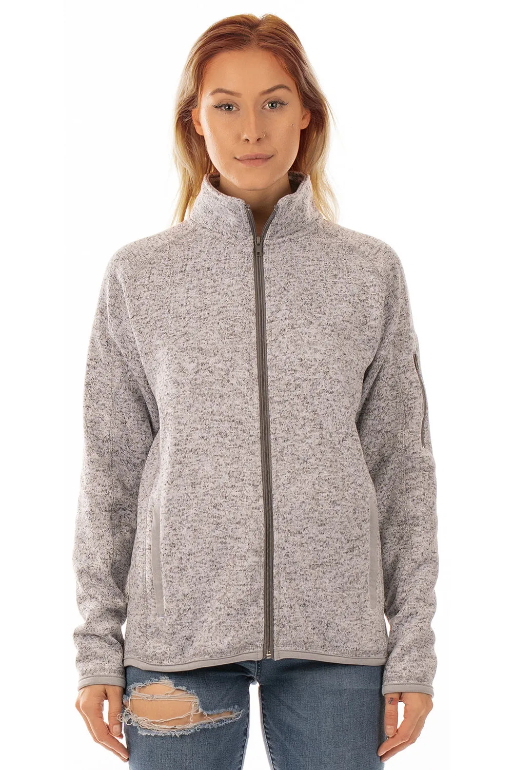 Burnside Womens Sweater Knit Full Zip Jacket - Heather Grey