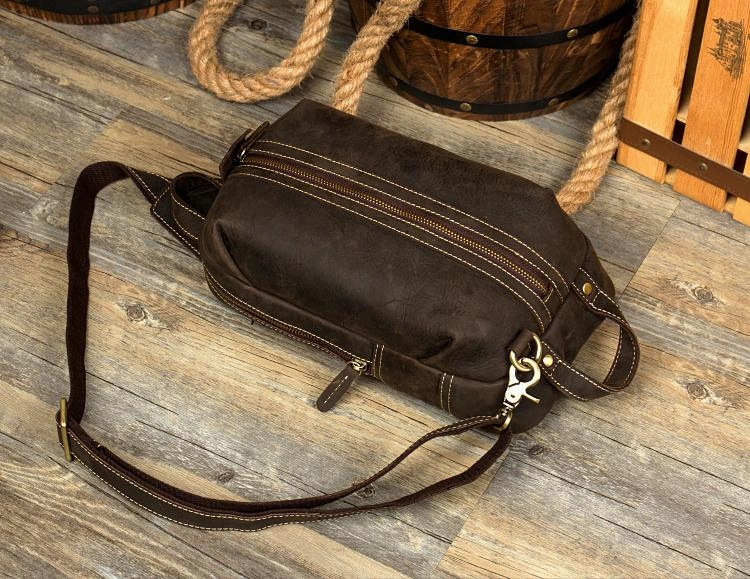 Casual Dark Brown Leather Mens One Shoulder Backpacks Sling Bags Chest Bags for Men