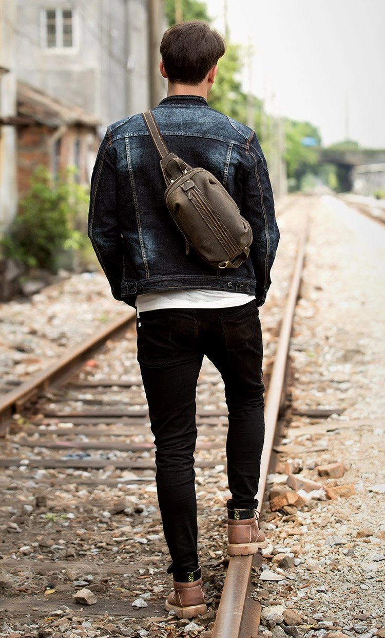 Casual Dark Brown Leather Mens One Shoulder Backpacks Sling Bags Chest Bags for Men