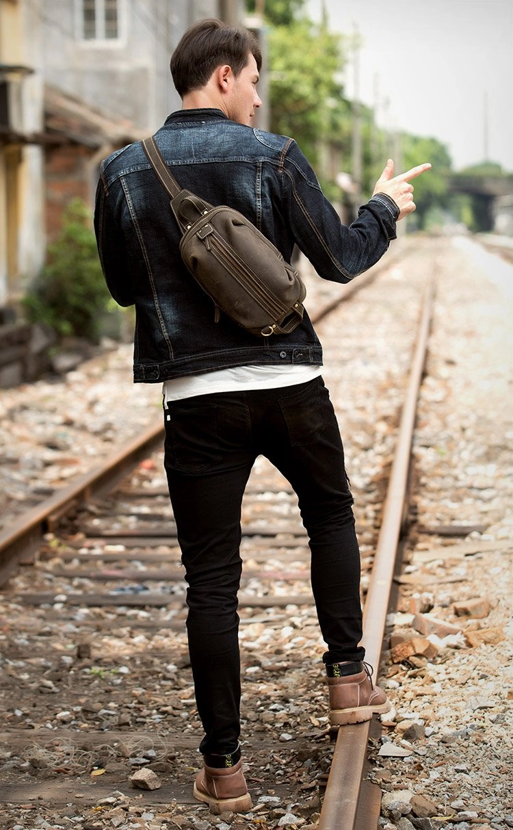 Casual Dark Brown Leather Mens One Shoulder Backpacks Sling Bags Chest Bags for Men