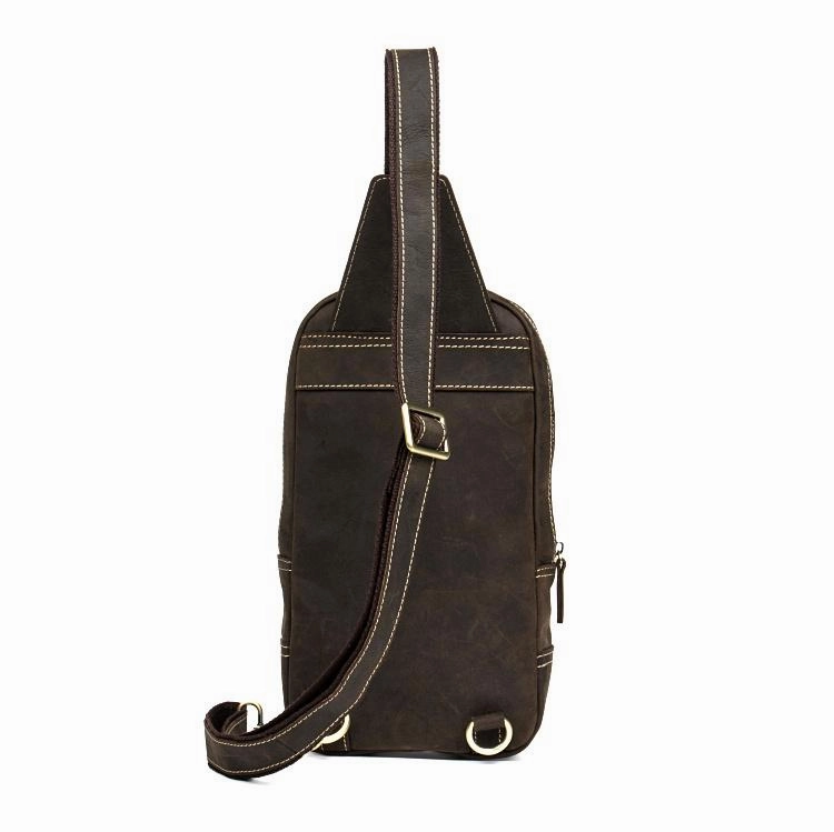 Casual Dark Brown Leather Mens One Shoulder Backpacks Sling Bags Chest Bags for Men