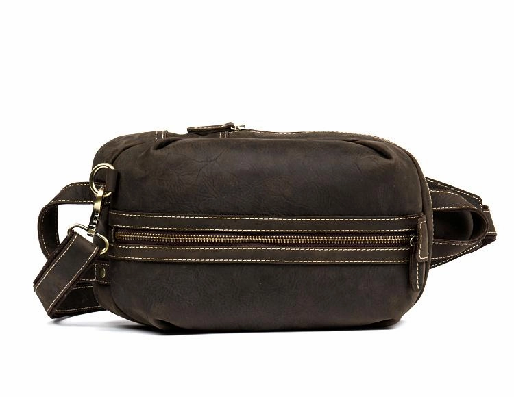 Casual Dark Brown Leather Mens One Shoulder Backpacks Sling Bags Chest Bags for Men