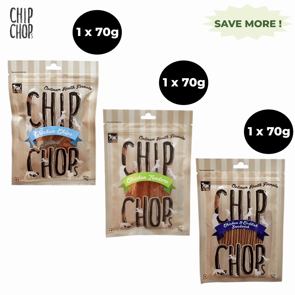 Chip Chops Chicken and Codfish Sandwich, Chicken Tenders and Chicken Chip Coins Dog Treats Combo (3 x 70g)