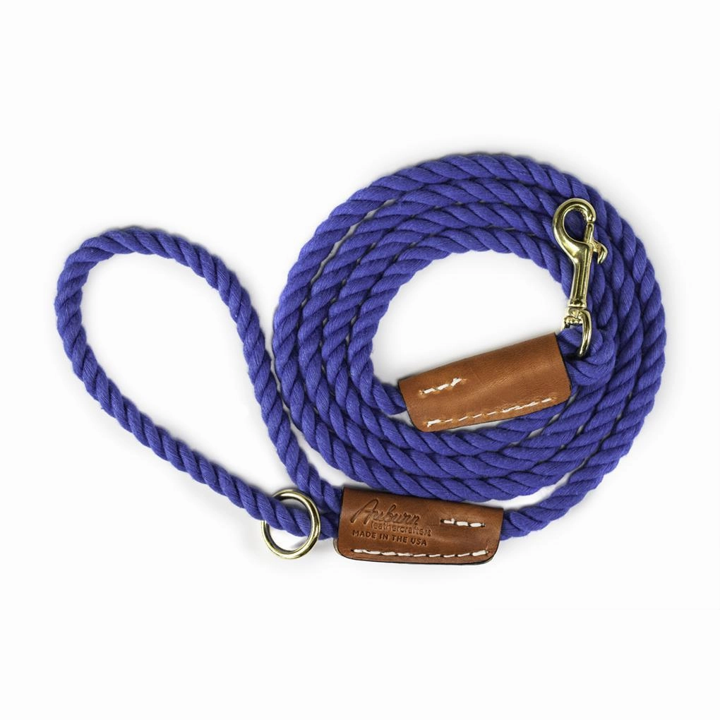 Cotton Rope 1/2" Dog Leash Nautical Blue With Leather Accents