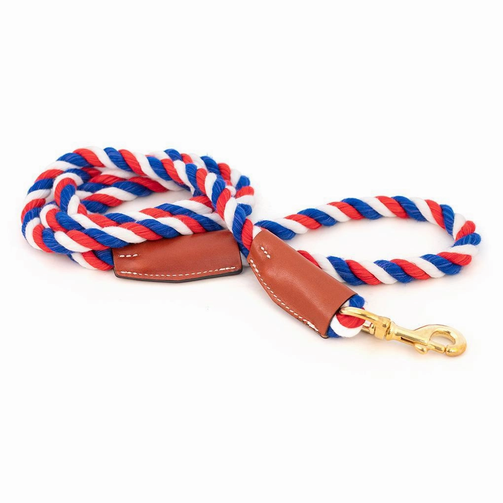 Cotton Rope 1/2" Dog Leash Red/White/Blue With Leather Accents dog mobility,outdoor pet aid