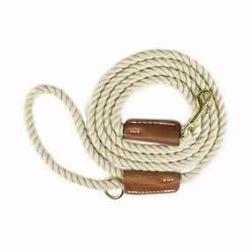 Cotton Rope 1/2" Dog Leash Tan With Leather Accents