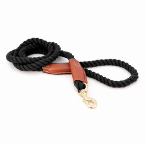 Cotton Rope 3/8" Dog Leash Black With Leather Accents dog mobility,outdoor pet aid