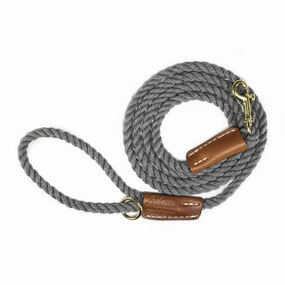 Cotton Rope 3/8" Dog Leash Grey With Leather Accents