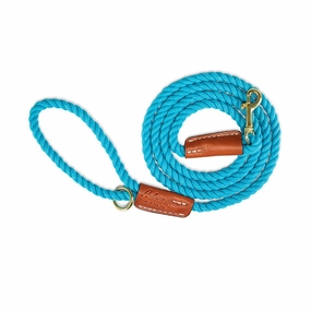 Cotton Rope 3/8" Dog Leash Turquoise With Leather Accents