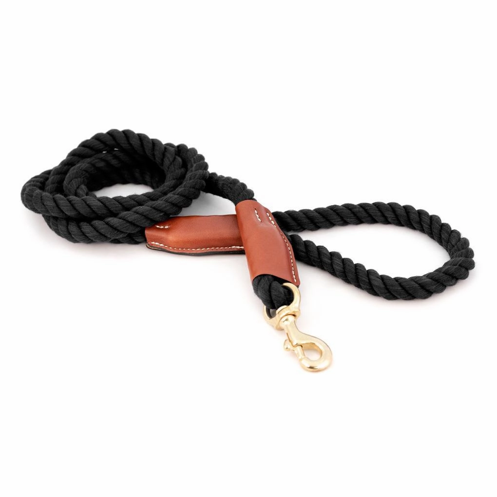 Cotton Rope 5/8" Dog Leash Black With Leather Accents