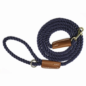 Cotton Rope 5/8" Dog Leash Navy Blue With Leather Accents dog mobility,outdoor pet aid