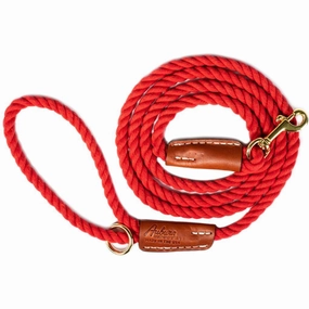Cotton Rope 5/8" Dog Leash Red With Leather Accents dog mobility,outdoor pet aid