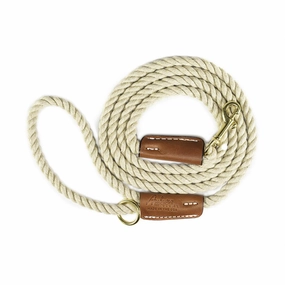 Cotton Rope 5/8" Dog Leash Tan With Leather Accents