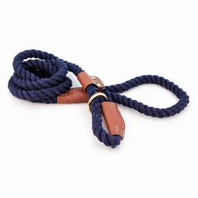 Cotton Rope Slip Dog Leash Navy Blue With Leather Accents