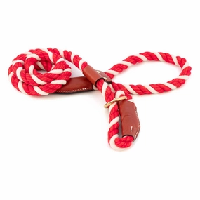 Cotton Rope Slip Dog Leash Red/White With Leather Accents dog mobility,outdoor pet aid