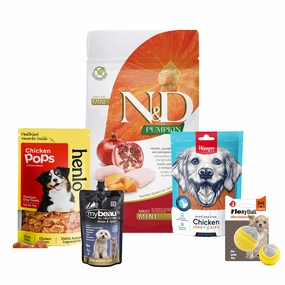 Henlo & Wanpy Dog Treats, My Beau Supplement, Farmina Dry Food & Barkbutler Flexy Ball Toy Limited Dog Hamper