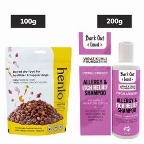 Henlo Chicken Vegetable Baked Adult Dry Food, Bark Out Loud Allergy Itch Relief Shampoo Dogs Combo