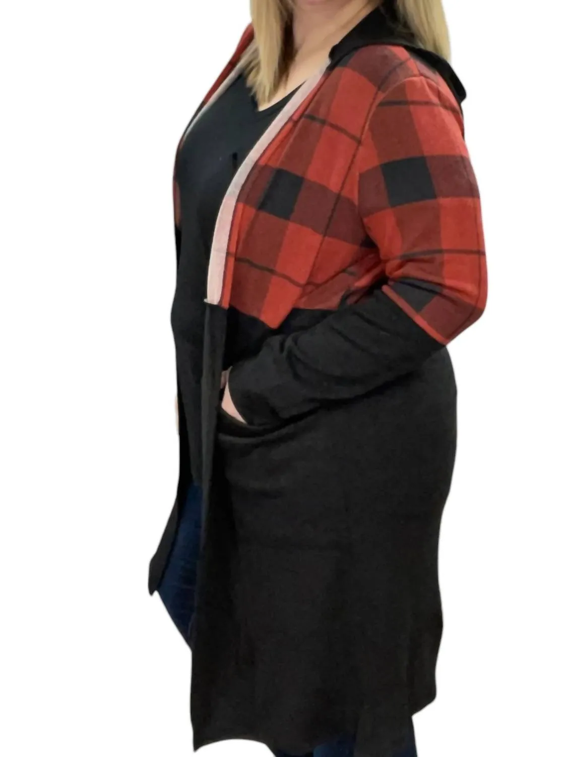 Hooded Buffalo Plaid Cardigan In Red/black
