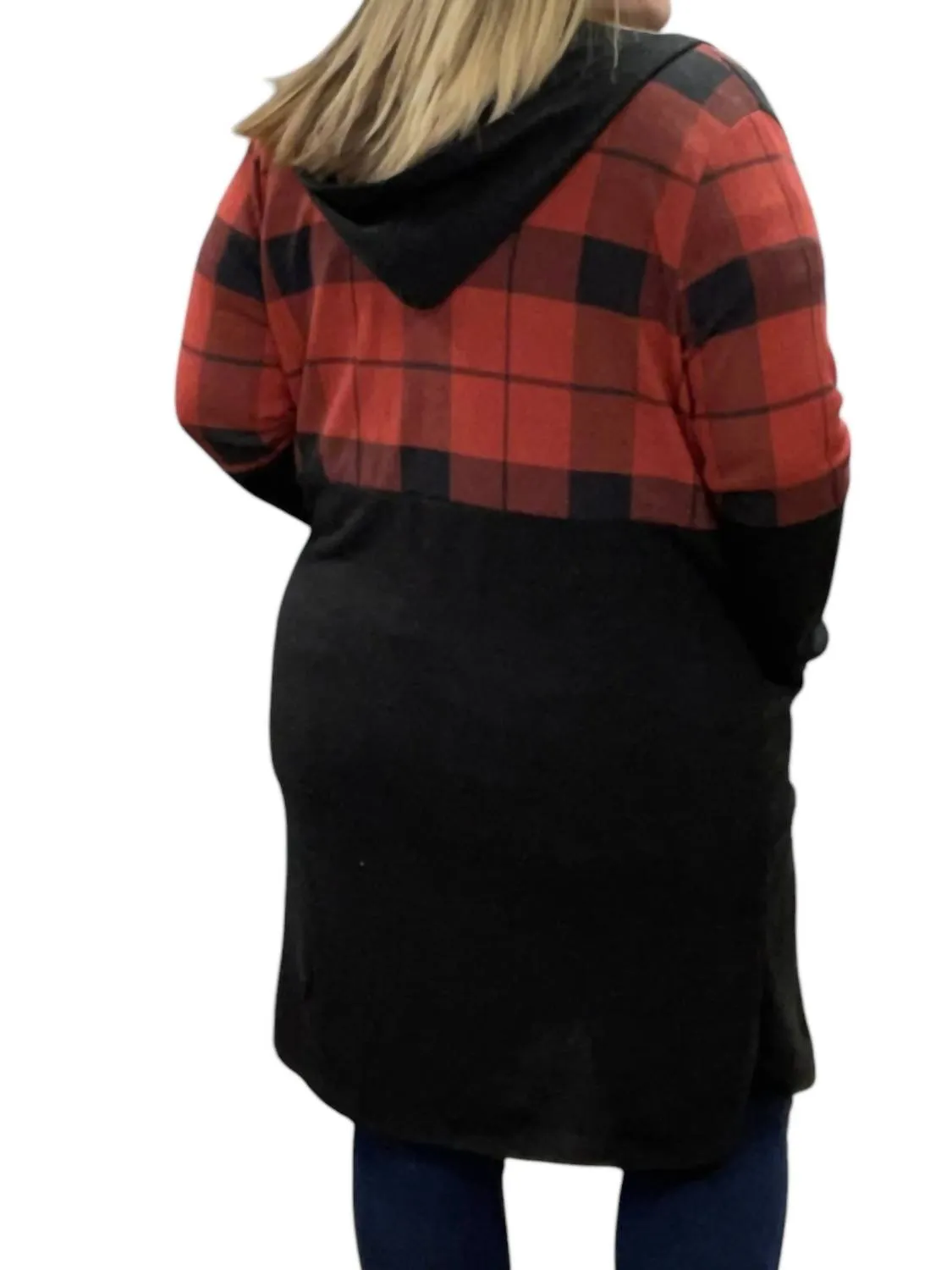 Hooded Buffalo Plaid Cardigan In Red/black