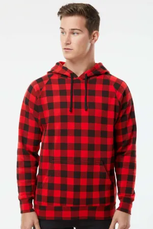 Independent Trading Company Mens Special Blend Raglan Hooded Sweatshirt Hoodie w/ Pouch Pocket - Red Buffalo Plaid Clothing Independent-Trading-Company
