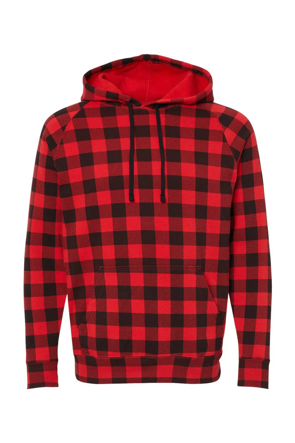 Independent Trading Company Mens Special Blend Raglan Hooded Sweatshirt Hoodie w/ Pouch Pocket - Red Buffalo Plaid Clothing Independent-Trading-Company