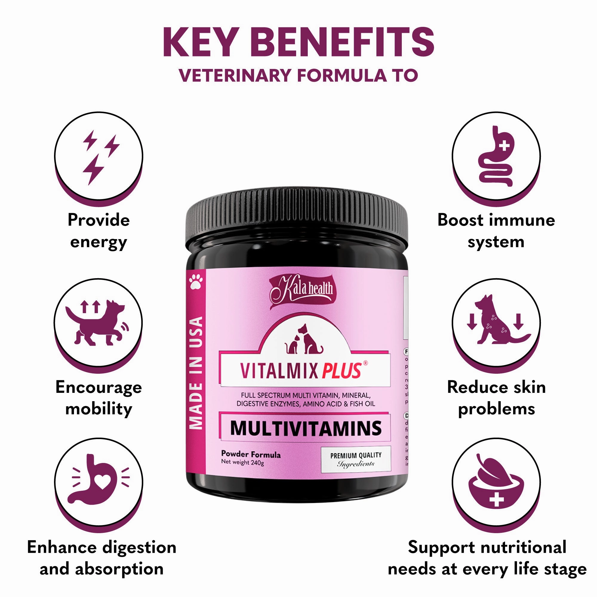 Kala Health VITALMIX PLUS (Multivitamins) Full Spectrum Multivitamins Supplements for Dogs and Cats