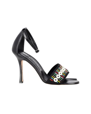 Manolo Blahnik Beaded Open-Toe Sandals in Black Leather Shoes_Manolo-Blahnik