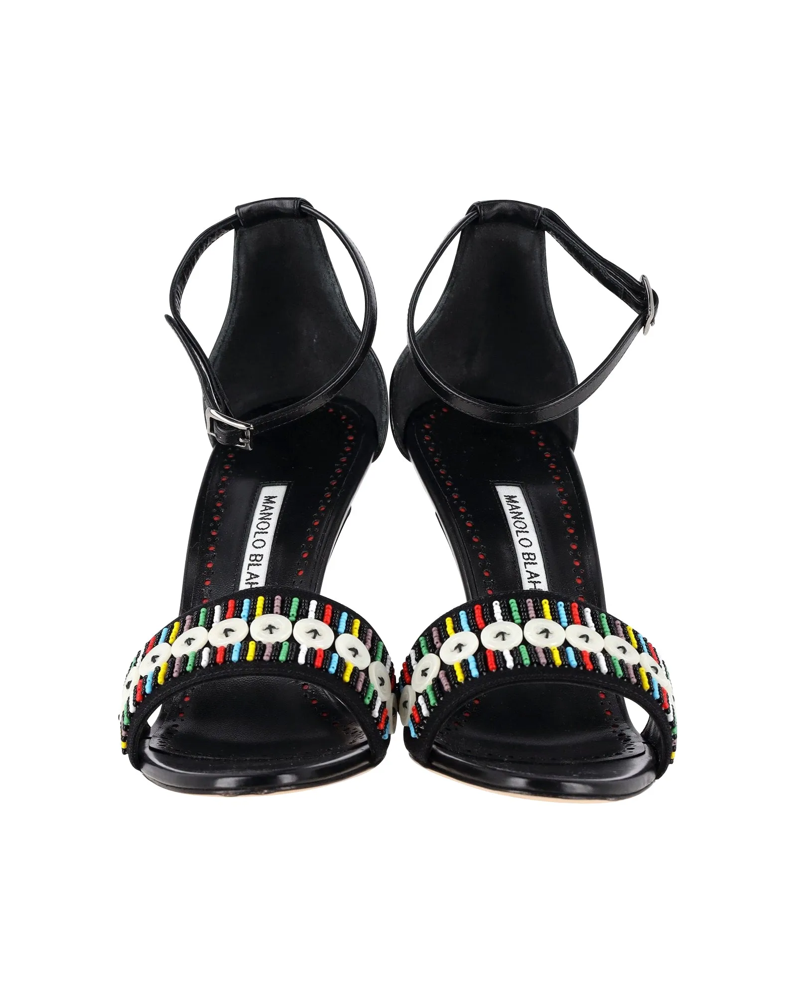 Manolo Blahnik Beaded Open-Toe Sandals in Black Leather Shoes_Manolo-Blahnik